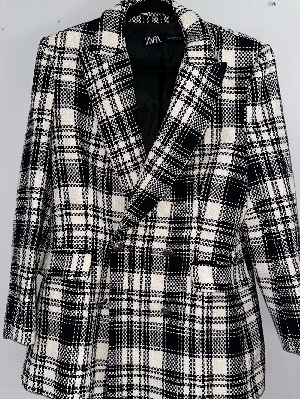 Zara Black and White Plaid Double-Breasted Blazer